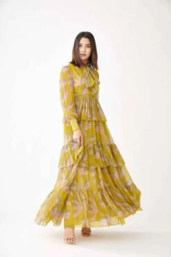 Peach Mustard And Olive Floral Three Layered Frill Dress -Ethereal Styles kofw210182