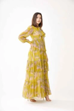 Peach Mustard And Olive Floral Three Layered Frill Dress -Ethereal Styles kofw210183