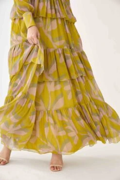 Peach Mustard And Olive Floral Three Layered Frill Dress -Ethereal Styles kofw210184