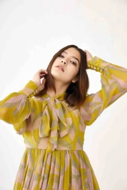 Peach Mustard And Olive Floral Three Layered Frill Dress -Ethereal Styles kofw21018b