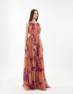 Orange And Purple Floral Sleeveless Long Dress