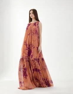 Orange And Purple Floral Sleeveless Long Dress -Ethereal Styles kofw220243