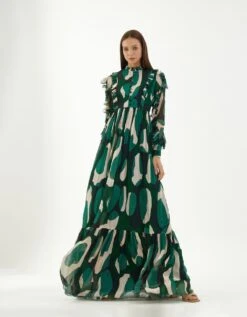 Green Chiffon Abstract Frill Long Dress -Ethereal Styles kofw220352