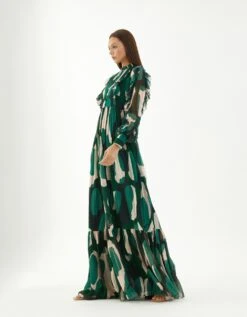 Green Chiffon Abstract Frill Long Dress -Ethereal Styles kofw220353