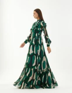 Green Chiffon Abstract Frill Long Dress -Ethereal Styles kofw220354