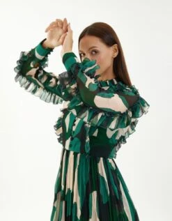 Green Chiffon Abstract Frill Long Dress -Ethereal Styles kofw220355