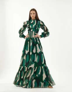 Green Chiffon Abstract Frill Long Dress -Ethereal Styles kofw220356