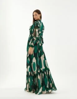 Green Chiffon Abstract Frill Long Dress -Ethereal Styles kofw22035b