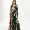 Green, Red And Offwhite Long Floral Dress -Ethereal Styles kofw220411