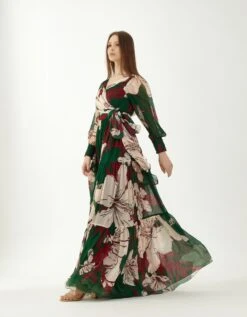 Green, Red And Offwhite Long Floral Dress -Ethereal Styles kofw220412