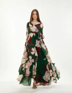 Green, Red And Offwhite Long Floral Dress -Ethereal Styles kofw220413