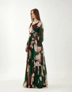 Green, Red And Offwhite Long Floral Dress -Ethereal Styles kofw22041b
