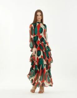 Multi Color Abstract Frill Dress In Chiffon -Ethereal Styles kofw220463