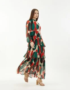 Multi Color Abstract Frill Dress In Chiffon -Ethereal Styles kofw22046b