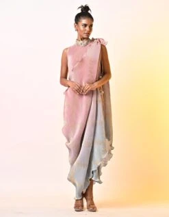 Salmon Into Powder Blue Printed Pleated Dress With Emroidery And Drape