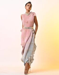 Salmon Into Powder Blue Printed Pleated Dress With Emroidery And Drape -Ethereal Styles kug03230013