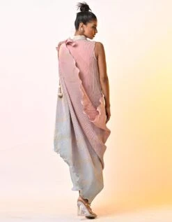 Salmon Into Powder Blue Printed Pleated Dress With Emroidery And Drape -Ethereal Styles kug0323001b