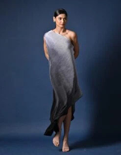 Silver Grey Ombred Black One Shoulder Drape Dress -Ethereal Styles kug0723020b