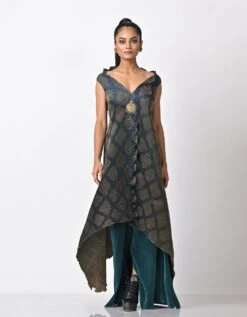 Navy Into Olive Tribal Printed Wrap Dress With Motif Detail -Ethereal Styles kug09220032