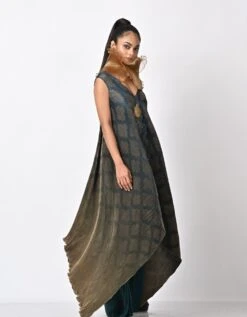 Navy Into Olive Tribal Printed Wrap Dress With Motif Detail -Ethereal Styles kug0922003b