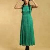 Green Crinkled Long Dress With Cinched Waist -Ethereal Styles ldrvcc01n31308043green1