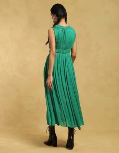 Green Crinkled Long Dress With Cinched Waist -Ethereal Styles ldrvcc01n31308043greenb