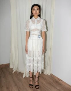White And Azure Fan Frill Polo Dress