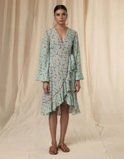 Blue And Red Mid- Length Wrap Dress