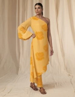 Pollen Yellow Rosy One Shoulder Kaftan Dress Set -Ethereal Styles mss23019tb3