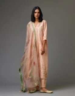 Pink Hand Crushed Silk Kurta Dress Set With A V Neck Embroidered Yoke And Panels