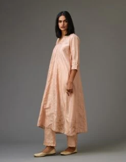 Pink Hand Crushed Silk Kurta Dress Set With A V Neck Embroidered Yoke And Panels -Ethereal Styles mt013 1