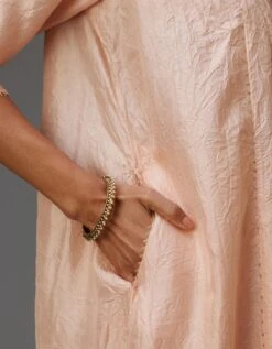 Pink Hand Crushed Silk Kurta Dress Set With A V Neck Embroidered Yoke And Panels -Ethereal Styles mt015