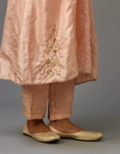 Pink Hand Crushed Silk Kurta Dress Set With A V Neck Embroidered Yoke And Panels -Ethereal Styles mt016