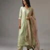 Green Hand Crushed Silk Kurta Dress Set With A V Neck Embroidered Yoke And Panels -Ethereal Styles mt01a1