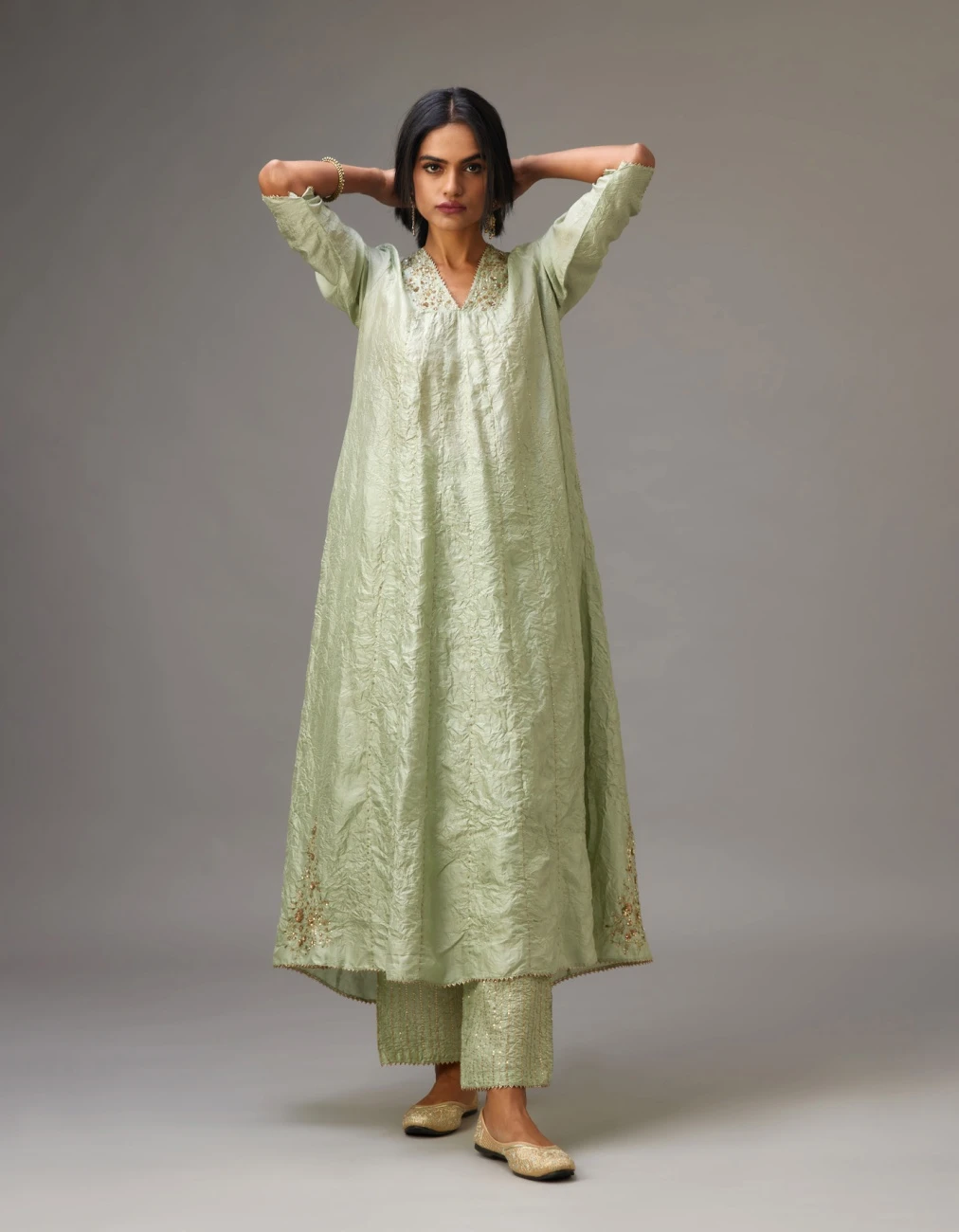 Green Hand Crushed Silk Kurta Dress Set With A V Neck Embroidered Yoke And Panels 3 Green Hand Crushed Silk Kurta Dress Set With A V Neck Embroidered Yoke And Panels - Image 2