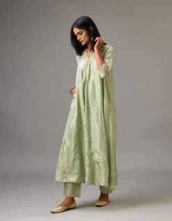 Green Hand Crushed Silk Kurta Dress Set With A V Neck Embroidered Yoke And Panels 10 Green Hand Crushed Silk Kurta Dress Set With A V Neck Embroidered Yoke And Panels -Ethereal Styles mt01a3