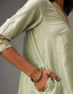 Green Hand Crushed Silk Kurta Dress Set With A V Neck Embroidered Yoke And Panels 11 Green Hand Crushed Silk Kurta Dress Set With A V Neck Embroidered Yoke And Panels -Ethereal Styles mt01a4