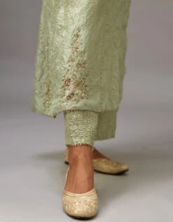 Green Hand Crushed Silk Kurta Dress Set With A V Neck Embroidered Yoke And Panels 13 Green Hand Crushed Silk Kurta Dress Set With A V Neck Embroidered Yoke And Panels -Ethereal Styles mt01a6