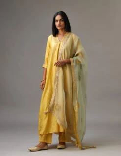 Yellow Hand Crushed Silk Kurta Dress Set With A V Neck Embroidered Yoke And Panels