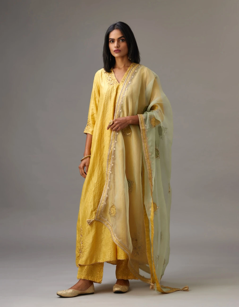 Yellow Hand Crushed Silk Kurta Dress Set With A V Neck Embroidered Yoke And Panels 3 Yellow Hand Crushed Silk Kurta Dress Set With A V Neck Embroidered Yoke And Panels