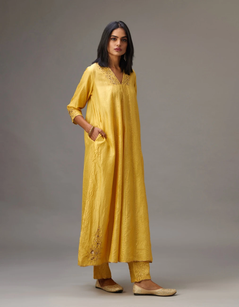 Yellow Hand Crushed Silk Kurta Dress Set With A V Neck Embroidered Yoke And Panels 4 Yellow Hand Crushed Silk Kurta Dress Set With A V Neck Embroidered Yoke And Panels - Image 2