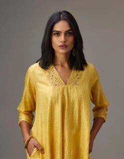 Yellow Hand Crushed Silk Kurta Dress Set With A V Neck Embroidered Yoke And Panels 11 Yellow Hand Crushed Silk Kurta Dress Set With A V Neck Embroidered Yoke And Panels -Ethereal Styles mt01b3