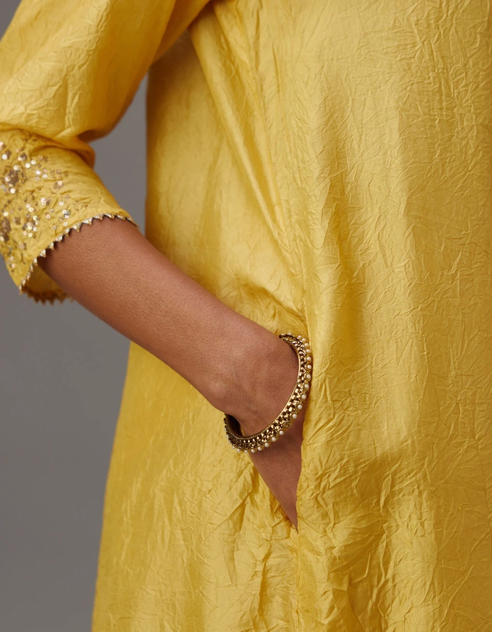 Yellow Hand Crushed Silk Kurta Dress Set With A V Neck Embroidered Yoke And Panels 6 Yellow Hand Crushed Silk Kurta Dress Set With A V Neck Embroidered Yoke And Panels - Image 4