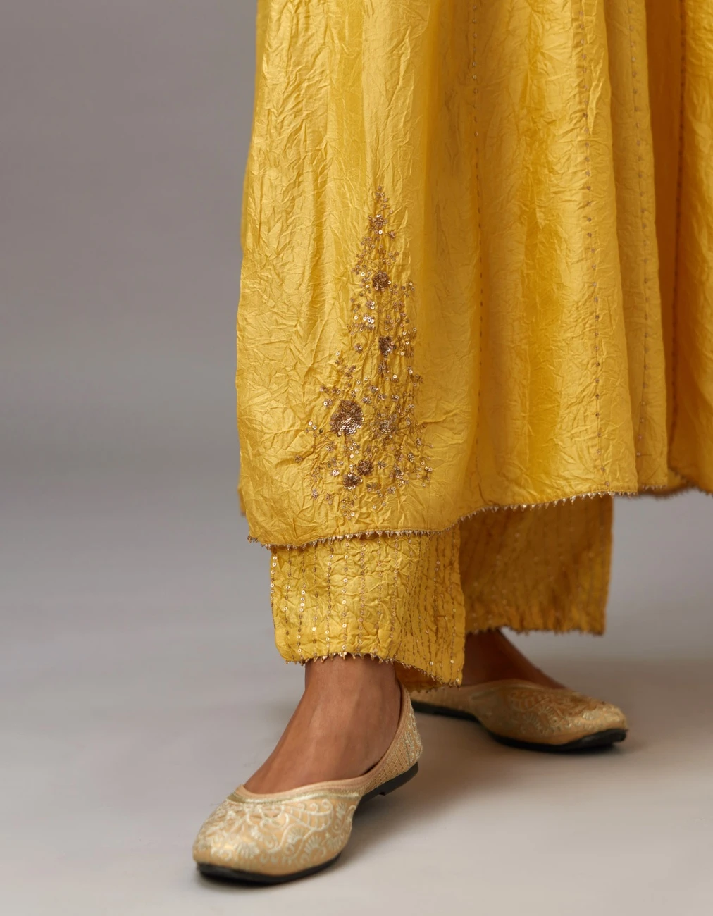 Yellow Hand Crushed Silk Kurta Dress Set With A V Neck Embroidered Yoke And Panels 7 Yellow Hand Crushed Silk Kurta Dress Set With A V Neck Embroidered Yoke And Panels - Image 5