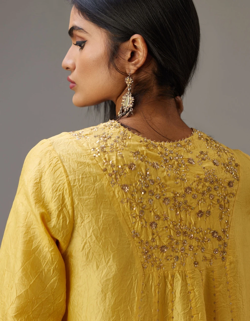 Yellow Hand Crushed Silk Kurta Dress Set With A V Neck Embroidered Yoke And Panels 8 Yellow Hand Crushed Silk Kurta Dress Set With A V Neck Embroidered Yoke And Panels - Image 6