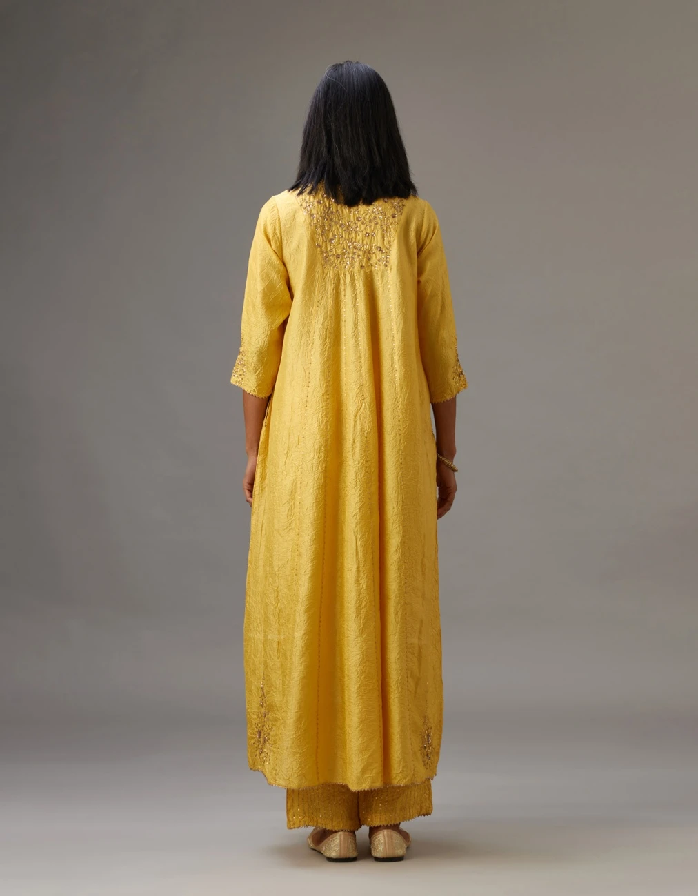 Yellow Hand Crushed Silk Kurta Dress Set With A V Neck Embroidered Yoke And Panels 9 Yellow Hand Crushed Silk Kurta Dress Set With A V Neck Embroidered Yoke And Panels - Image 7
