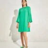 Kelly Green Metallic Quad Flared Sleeve Dress -Ethereal Styles njd12701