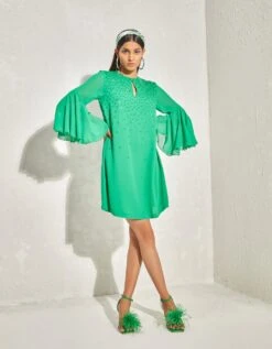 Kelly Green Metallic Quad Flared Sleeve Dress -Ethereal Styles njd12702