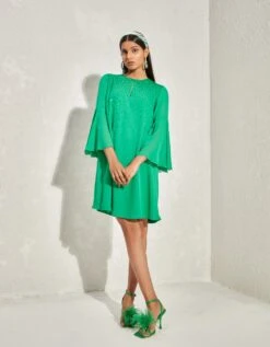 Kelly Green Metallic Quad Flared Sleeve Dress -Ethereal Styles njd1270b