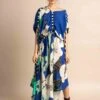 Cobalt Print On Crepe Gather Dress -Ethereal Styles nkrs23004cblstr1